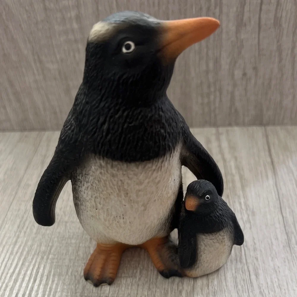 Vintage Penguin with Chick Figurine Realistic Textured Bird Decor Collectible